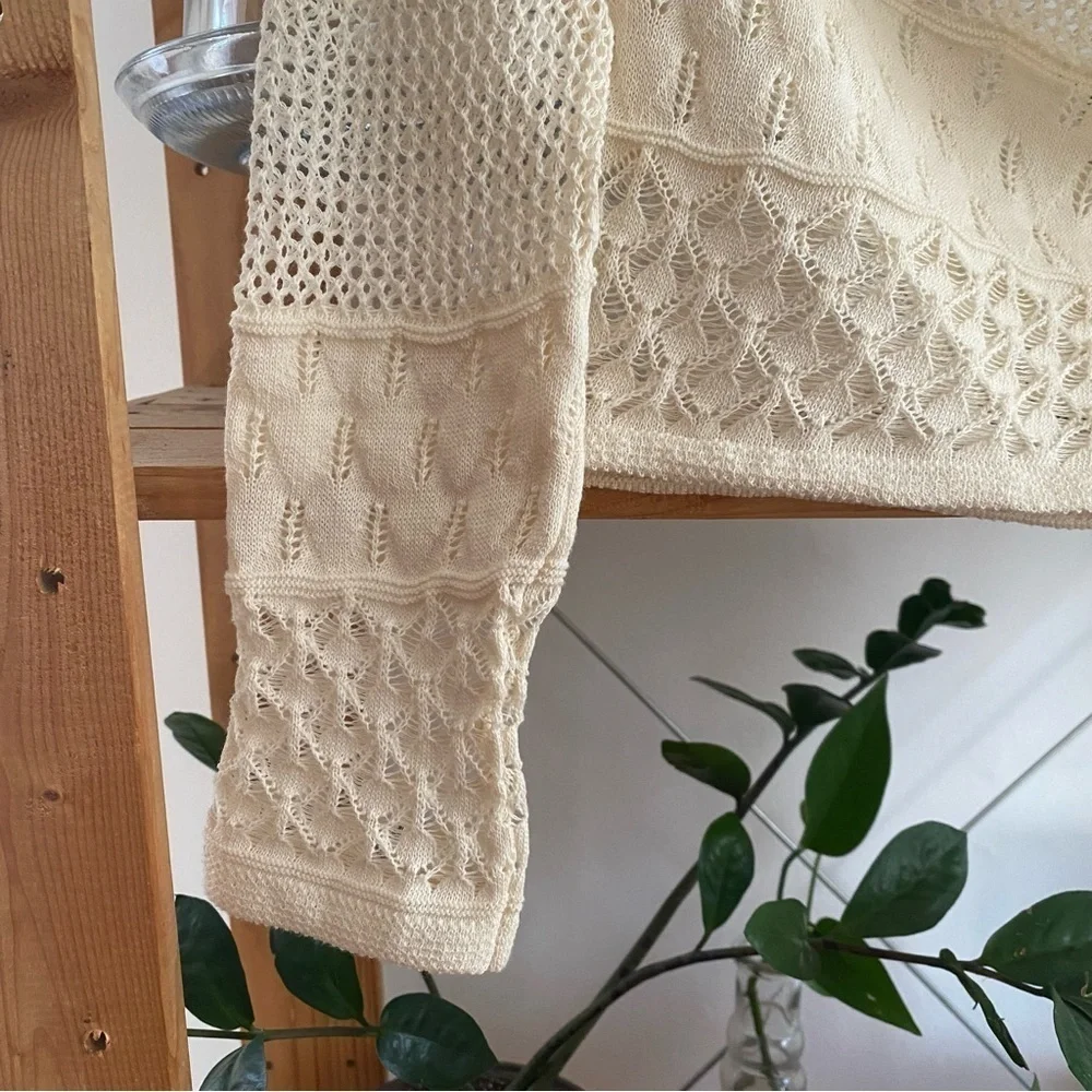 Zara Cream Pointelle Knit Crochet Cutout Long Sleeve Crop Top